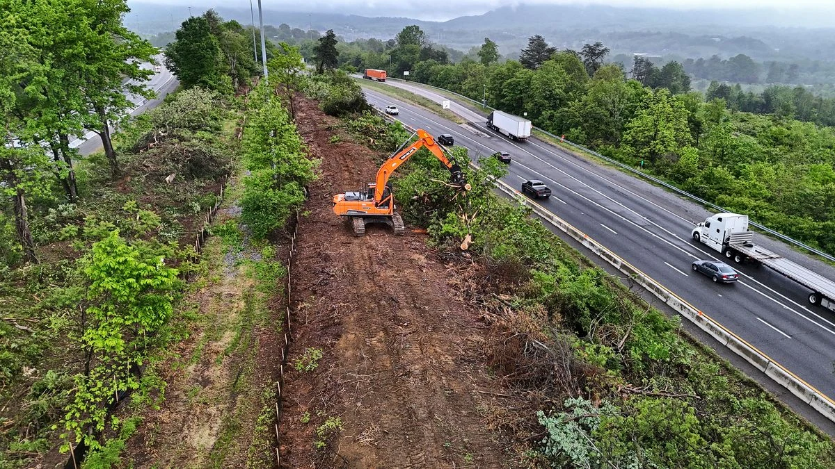Clearing and grubbing within the highway corridor.